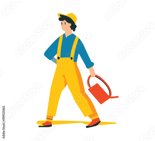 Farmer Walking with Watering Can - Flat Vector Illustration of Agricultural Activity