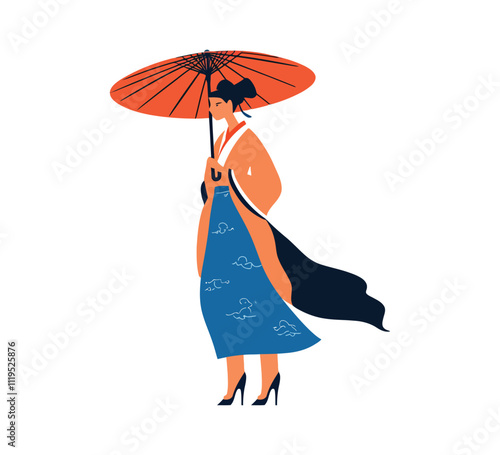 Graceful Woman Holding Traditional Umbrella - Flat Vector Art of Elegance