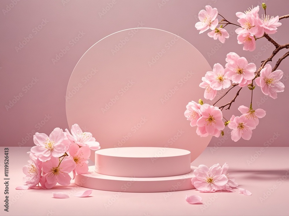 Round podium with branch of sakura in pink color. Mockup to promote eco or organic product , cosmetics.