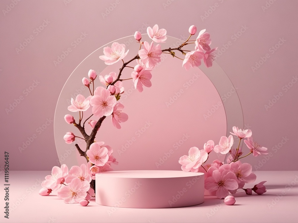 Round podium with branch of sakura in pink color. Mockup to promote eco or organic product , cosmetics.