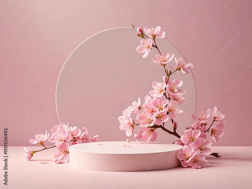 Round podium with branch of sakura in pink color. Mockup to promote eco or organic product , cosmetics.
