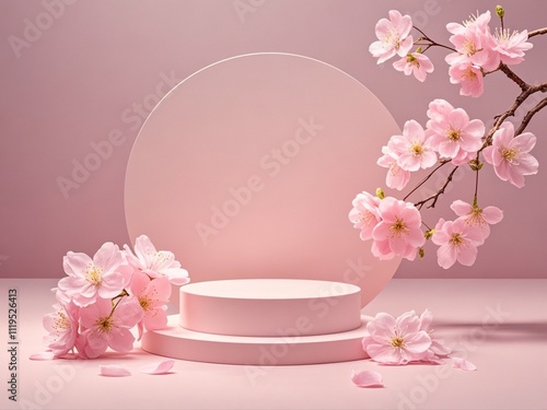 Obraz na płótnie Round podium with branch of sakura in pink color. Mockup to promote eco or organic product , cosmetics. w salonie