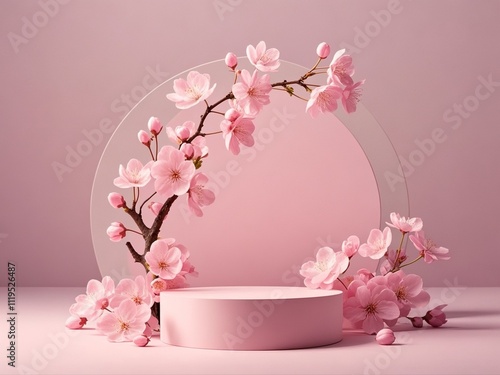 Obraz na płótnie Round podium with branch of sakura in pink color. Mockup to promote eco or organic product , cosmetics. w salonie