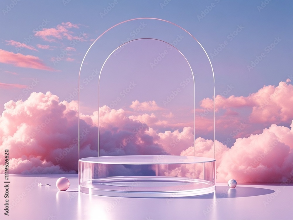 Front view of transparent podium decorated with pinky cloudy sky background abstract content