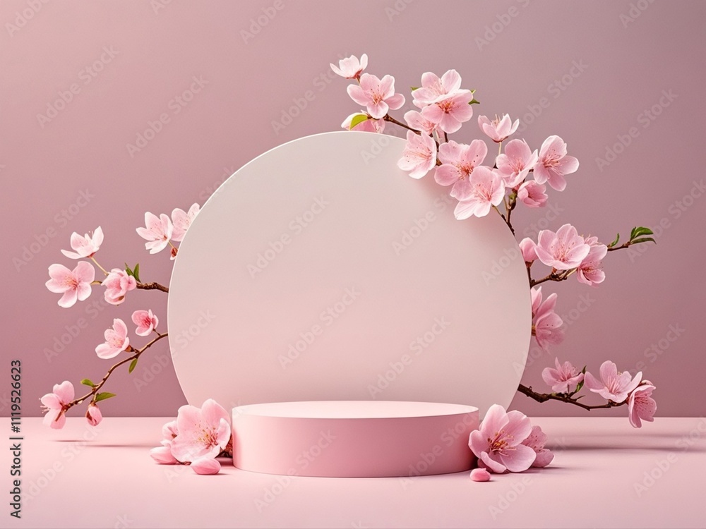 Round podium with branch of sakura in pink color. Mockup to promote eco or organic product , cosmetics.