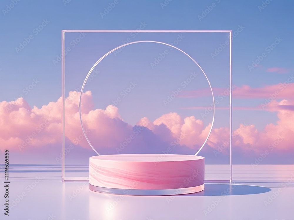 Front view of transparent podium decorated with pinky cloudy sky background abstract content