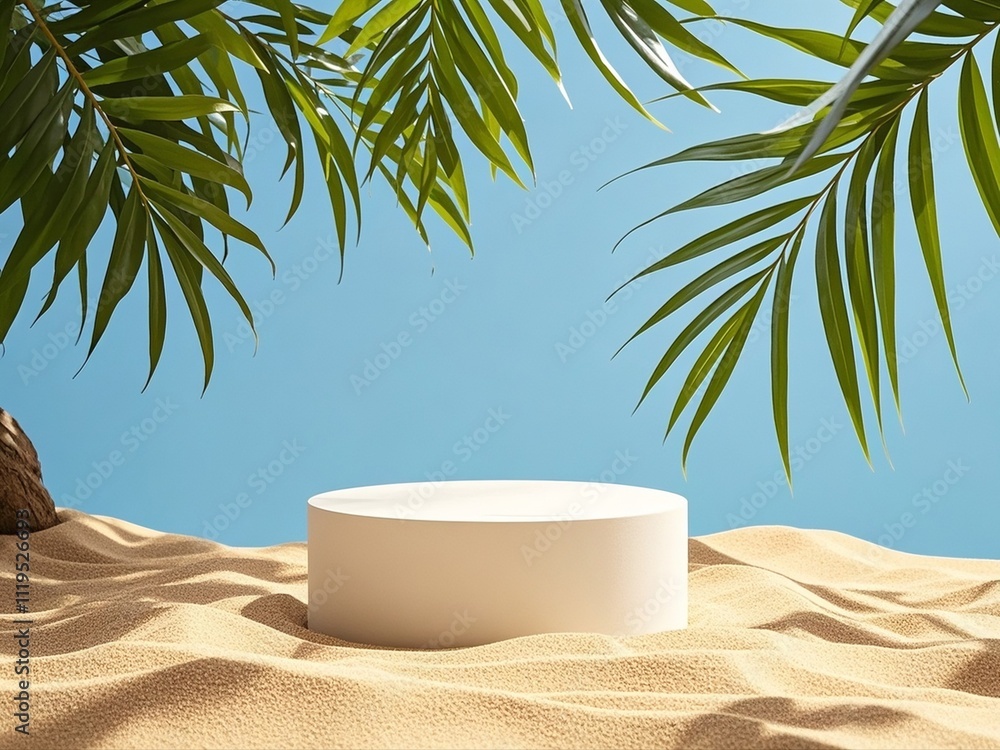 A white podium in round-shaped displayed on the sand with a big tree branch and some green tropical leaves. Blue sky background