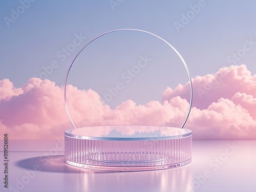 Obraz na płótnie Front view of transparent podium decorated with pinky cloudy sky background abstract content w salonie