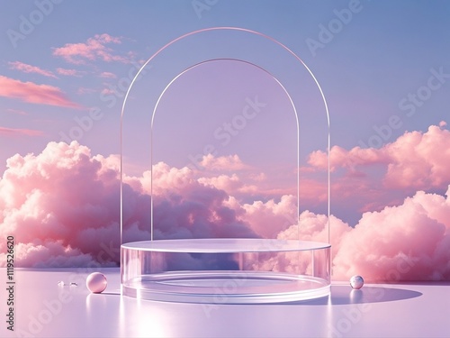 Obraz na płótnie Front view of transparent podium decorated with pinky cloudy sky background abstract content w salonie