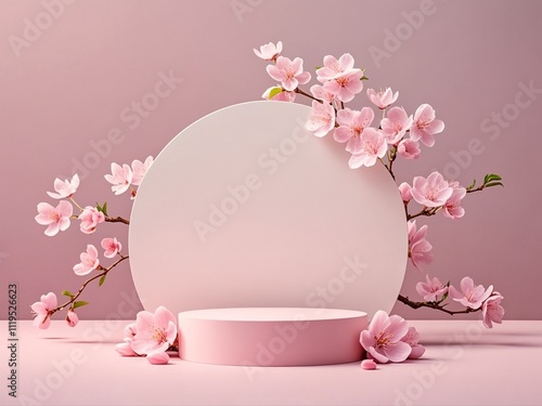 Obraz na płótnie Round podium with branch of sakura in pink color. Mockup to promote eco or organic product , cosmetics. w salonie