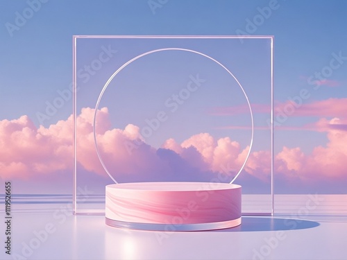 Obraz na płótnie Front view of transparent podium decorated with pinky cloudy sky background abstract content w salonie