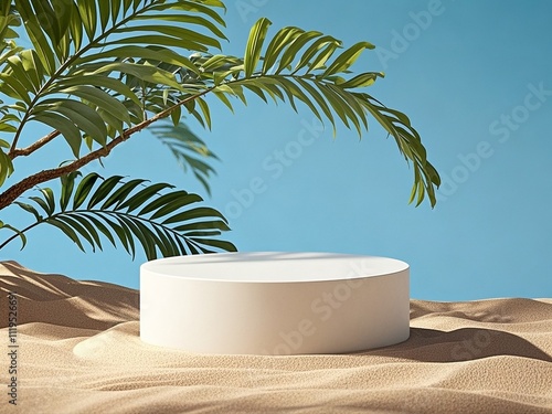Obraz na płótnie A white podium in round-shaped displayed on the sand with a big tree branch and some green tropical leaves. Blue sky background w salonie
