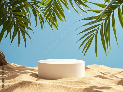Obraz na płótnie A white podium in round-shaped displayed on the sand with a big tree branch and some green tropical leaves. Blue sky background w salonie