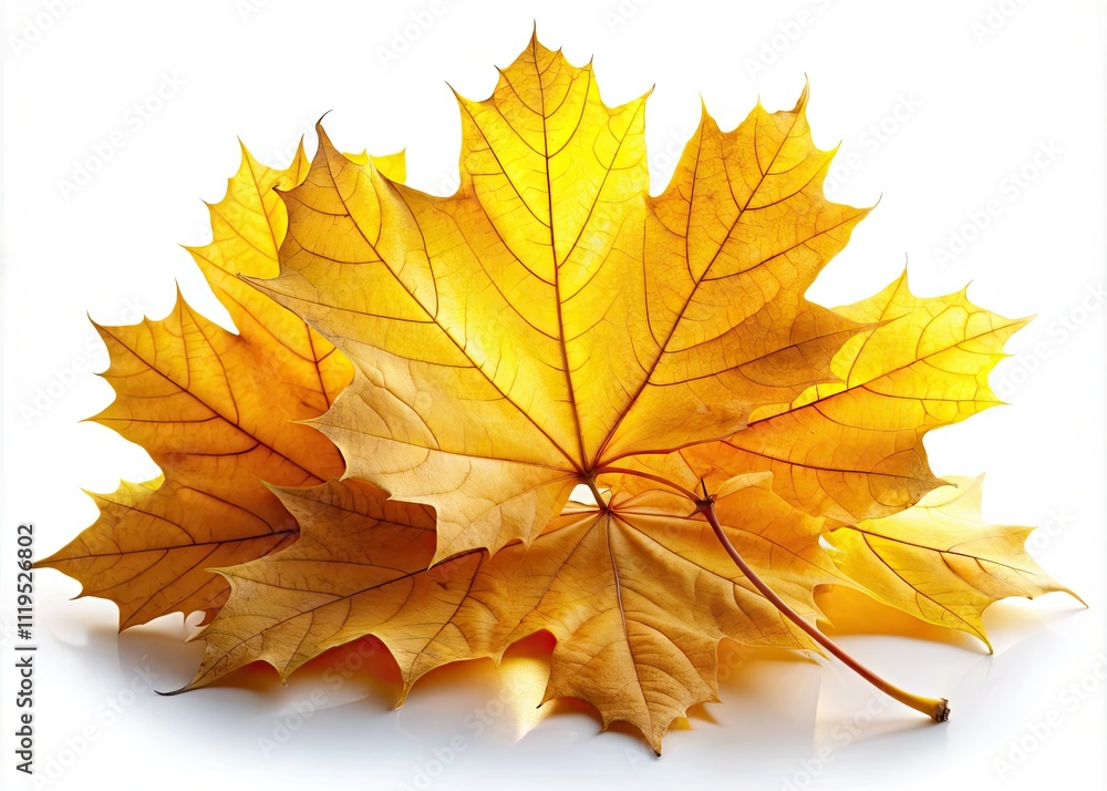 Autumn Maple Leaves, Sun Rays, White Background - Stock Photo, Yellow Fall Leaves, Nature Photography