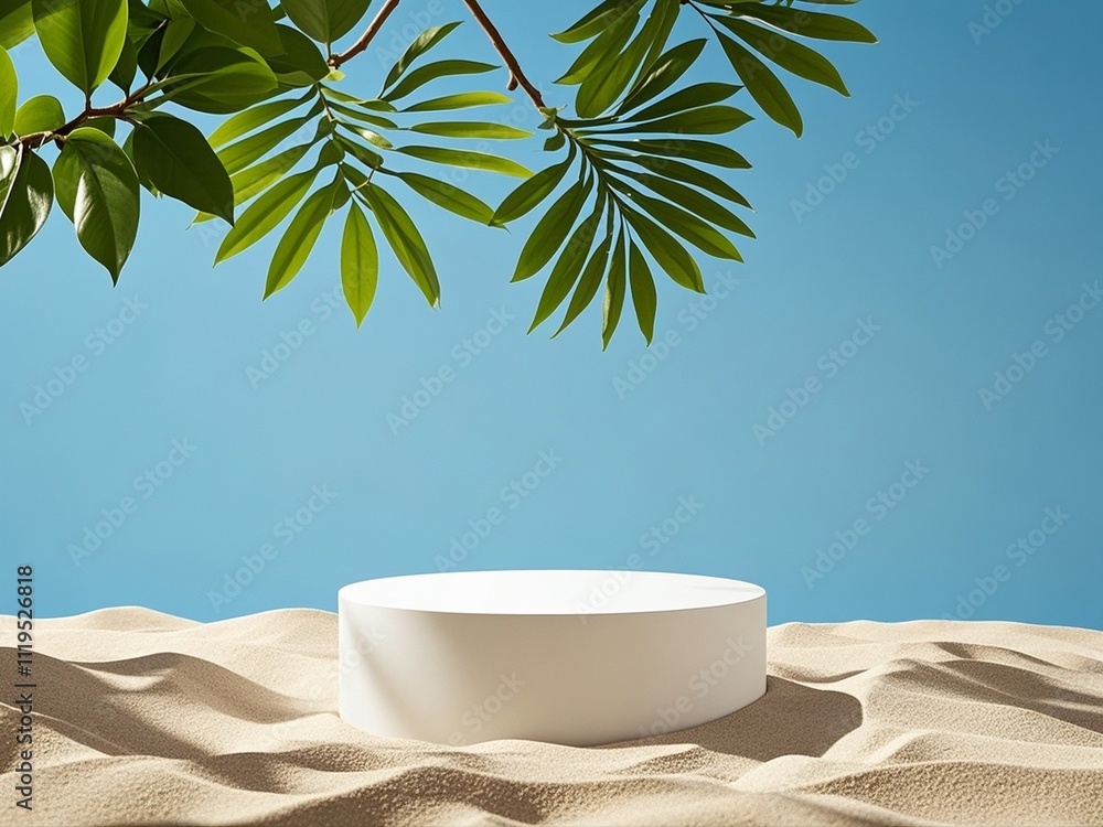 A white podium in round-shaped displayed on the sand with a big tree branch and some green tropical leaves. Blue sky background