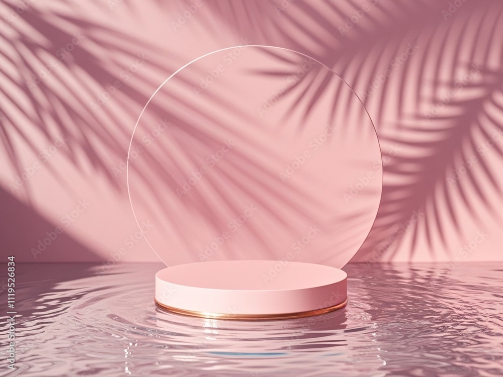 Elegant pink background in a minimalist style with a round Pedestal in the water around it and a shadow of leaves. It is ideal for displaying goods.