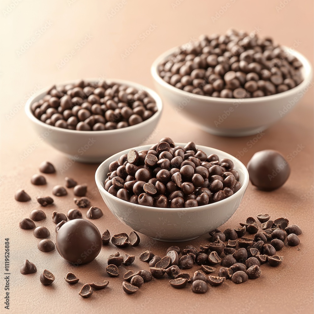 Dark Chocolate Treats in Bowls with Chocolate Pieces on Surface Dark Chocolate Treats in Bowls with Chocolate Pieces on Surface
