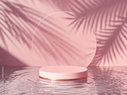 Obraz na płótnie Elegant pink background in a minimalist style with a round Pedestal in the water around it and a shadow of leaves. It is ideal for displaying goods. w salonie