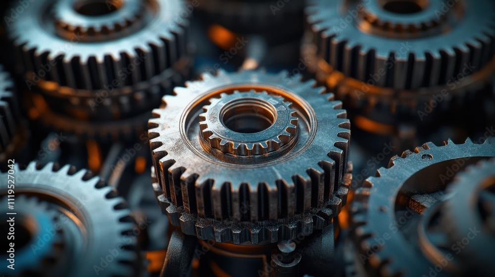 Intricate interlocking metal gears turn with precision, embodying the beauty of synchronized mechanics and engineering excellence.