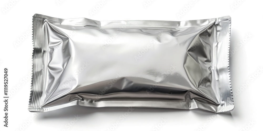 Blank White Aluminum Foil Pouch Sachet Mockup, Aerial Photography, Packaging Design, Product Mockup, Isolated White Background Blank White Aluminum Foil Pouch Sachet Mockup, Aerial Photography, Packaging Design, Product Mockup, Isolated White Background