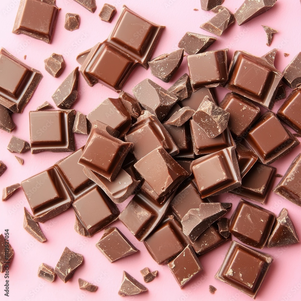 Chunks of Dark Chocolate on Pink Surface for Dessert Inspiration Chunks of Dark Chocolate on Pink Surface for Dessert Inspiration