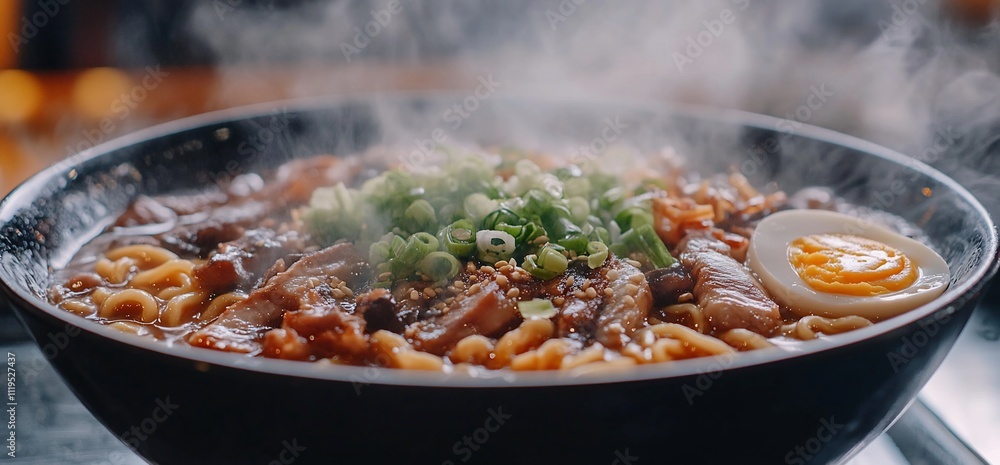 Steaming bowl of ramen noodles with sliced meat, egg, and green onions. Steaming bowl of ramen noodles with sliced meat, egg, and green onions.