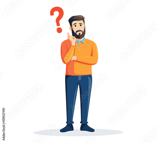 Puzzled Man in Modern Flat Style with a Question Bubble Overhead