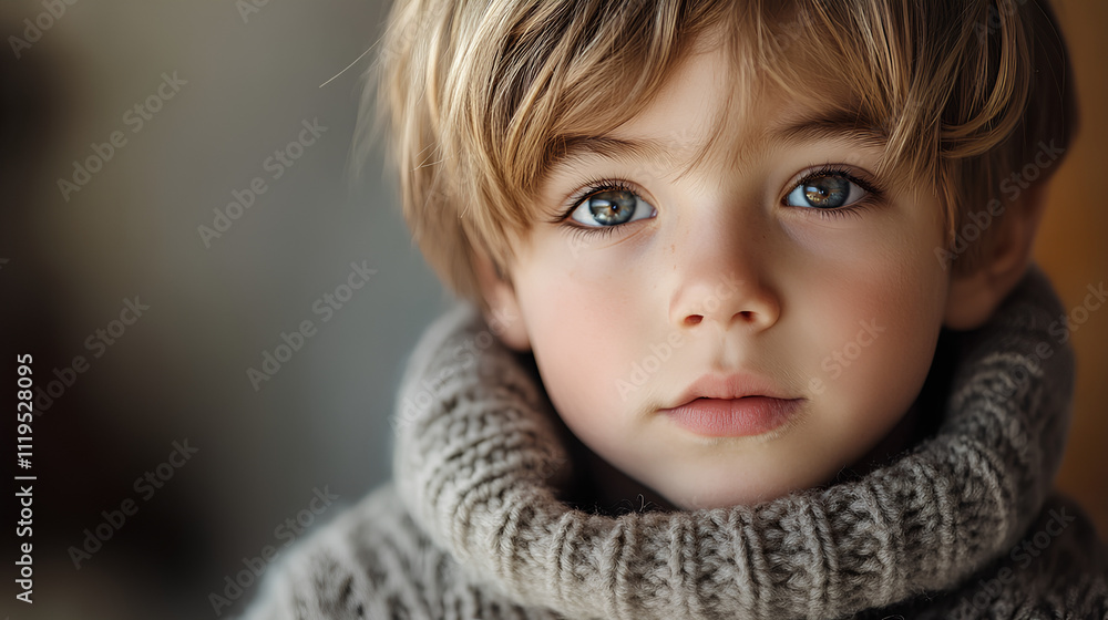 A young boy wearing a woolen sweater staring thoughtfully, soft natural lighting and expressive mood A young boy wearing a woolen sweater staring thoughtfully, soft natural lighting and expressive mood