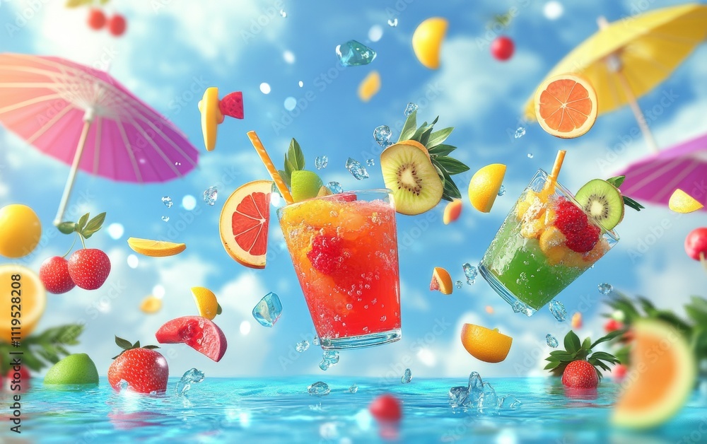 Flying glasses of tropical punch with vibrant fruits, set against a festive poolside party with colorful umbrellas Flying glasses of tropical punch with vibrant fruits, set against a festive poolside party with colorful umbrellas