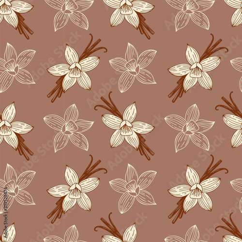 Pattern with beige flowers and vanilla sticks on mocha mousse background.