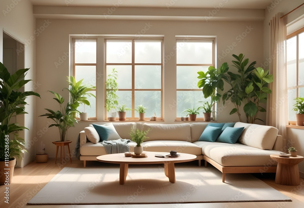 Modern Japani Style Apartment: Beige Couch and Minimalist Design Modern Japani Style Apartment: Beige Couch and Minimalist Design