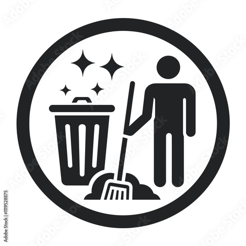 Graphic illustration of a person picking up trash with a broom next to a garbage can symbolizing cleanliness