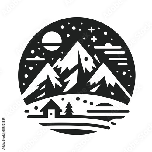 Illustration of a mountainous landscape with a house under the night sky and crescent moon symbolizing tranquility