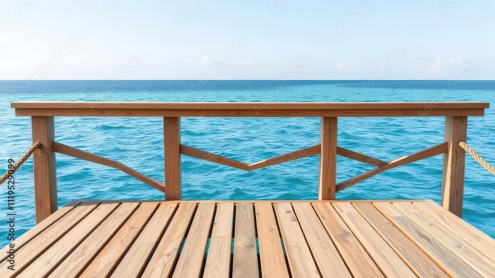 Wooden floor platform on blue sea with clear sky background, wooden floor, calm Wooden floor platform on blue sea with clear sky background, wooden floor, calm