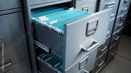 An open drawer of a metal filing cabinet, revealing neatly organized documents. photo