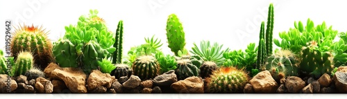 Various cacti arranged with stones, white isolated background. photo