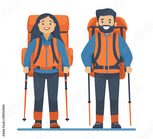 Adventure-Ready Couple with Backpacks and Hiking Poles in Flat Illustration