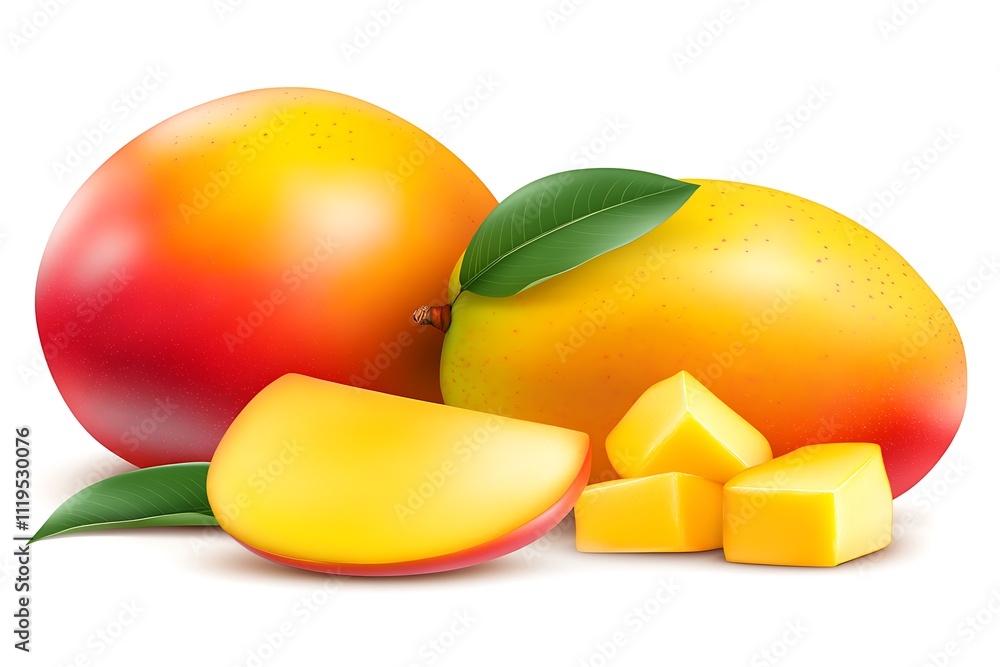 Ripe Mangoes with Slices and Green Leaves