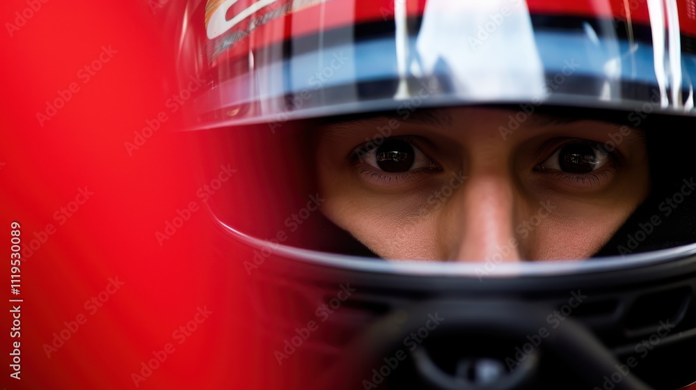 Intense focus in a racer's eyes as they gaze through a helmet visor, encapsulating determination and competitive spirit. Intense focus in a racer's eyes as they gaze through a helmet visor, encapsulating determination and competitive spirit.