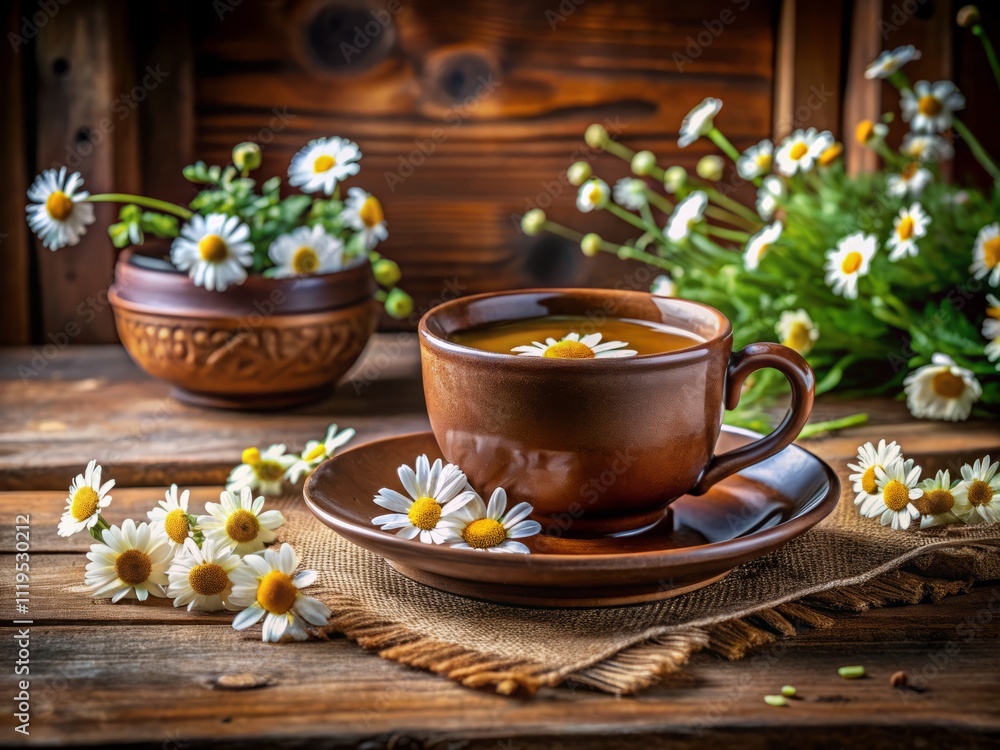 A Cozy Setting with Herbal Tea and Chamomile Flowers on a Rustic Wooden Table Perfect for Relaxation and Mindfulness Moments A Cozy Setting with Herbal Tea and Chamomile Flowers on a Rustic Wooden Table Perfect for Relaxation and Mindfulness Moments