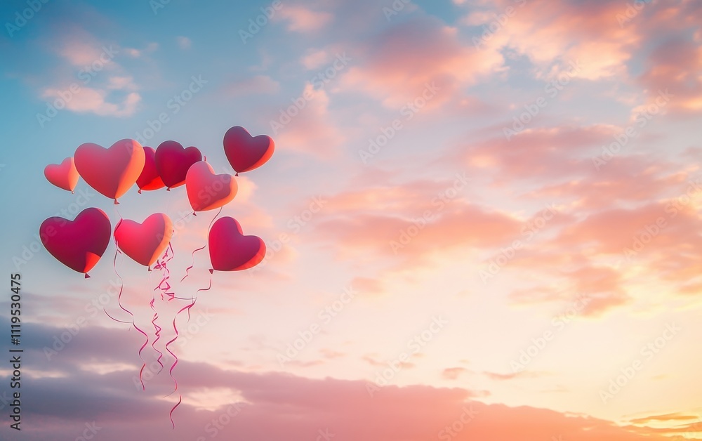 Fototapeta premium Flying Heart-Shaped Balloons Red and pink heart-shaped balloons flying mid-air with delicate ribbons, set against a dreamy sunset sky with soft clouds