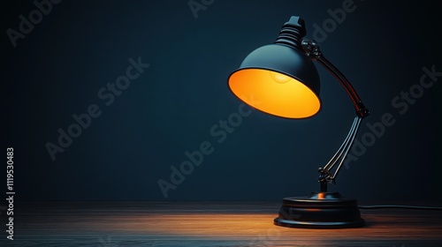 Warm Light Desk Lamp on Wooden Table. photo