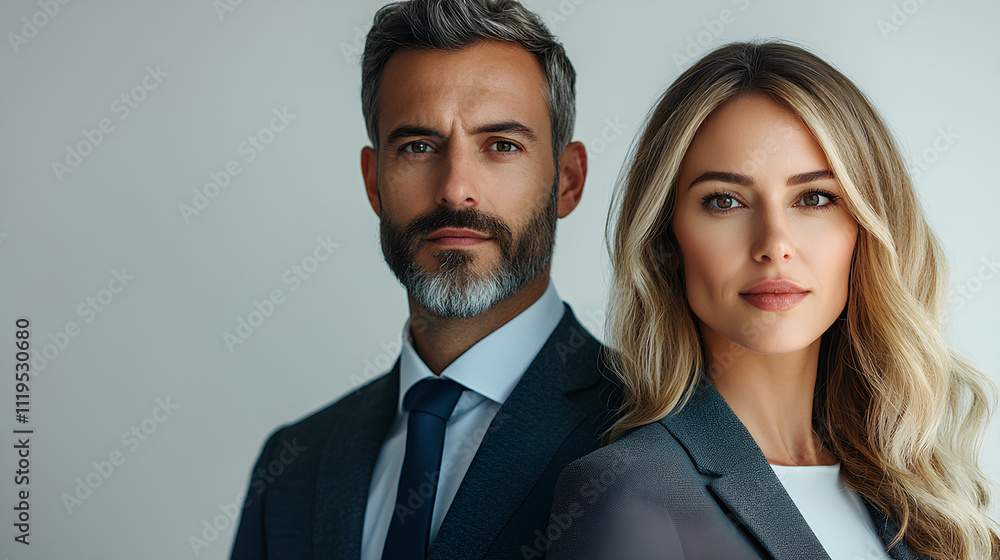A professional man and woman in business attire standing confidently together against a white background, modern and empowering style A professional man and woman in business attire standing confidently together against a white background, modern and empowering style