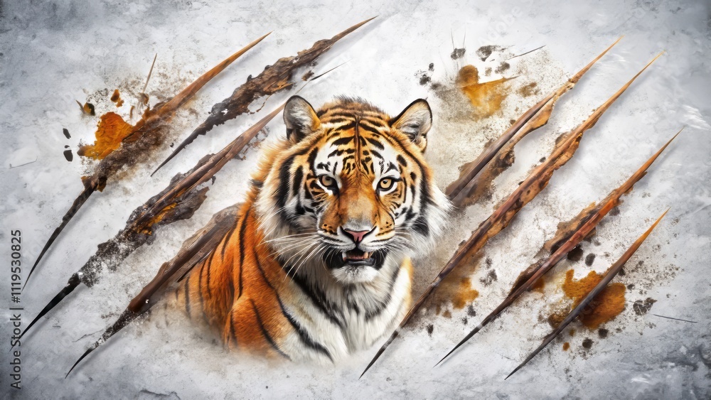 Obraz premium Animal Claw Scratches: A Set of Cat and Tiger Scratch Marks on a White Background for Grunge and Wild Animal Concepts