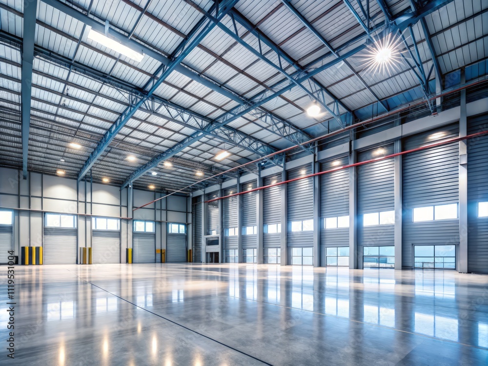 Bright and Modern Warehouse Interior Featuring Spacious Layout with Abundant Lighting and Minimalist Design Elements, Ideal for Creative Workspaces and Storage Solutions Bright and Modern Warehouse Interior Featuring Spacious Layout with Abundant Lighting and Minimalist Design Elements, Ideal for Creative Workspaces and Storage Solutions