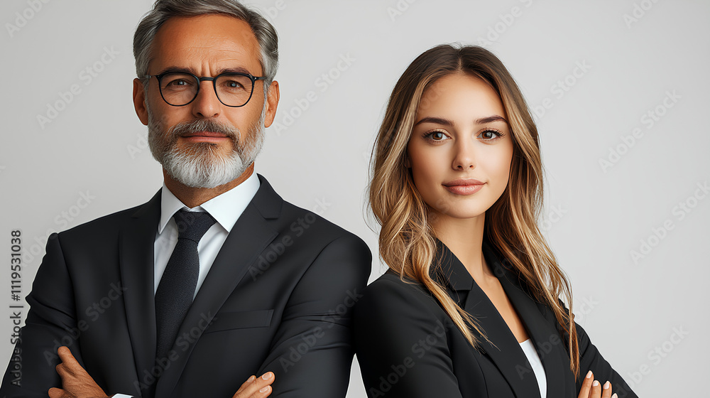 A professional man and woman in business attire standing confidently together against a white background, modern and empowering style A professional man and woman in business attire standing confidently together against a white background, modern and empowering style