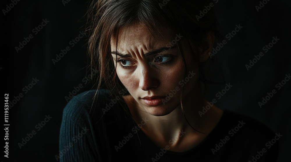 Sad woman, portrait or fear with trauma for abuse, anxiety or stress in mental illness on a dark studio background. Scared, female person or nervous victim with worry, afraid or feeling in isolation Sad woman, portrait or fear with trauma for abuse, anxiety or stress in mental illness on a dark studio background. Scared, female person or nervous victim with worry, afraid or feeling in isolation