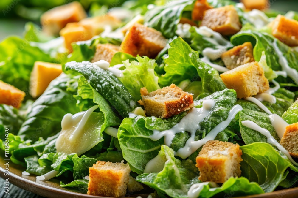 Close-Up of a Classic Caesar Salad Featuring Crisp Romaine Lettuce, Crunchy Croutons, Shavings of Parmesan Cheese, and Creamy Dressing Capturing a Traditional Favorite Dish Close-Up of a Classic Caesar Salad Featuring Crisp Romaine Lettuce, Crunchy Croutons, Shavings of Parmesan Cheese, and Creamy Dressing Capturing a Traditional Favorite Dish