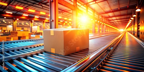 Cardboard Box Moving on Conveyor Belt with Orange Lighting: Dynamic Product Photography Capturing the Essence of Modern Logistics and Shipping Operations