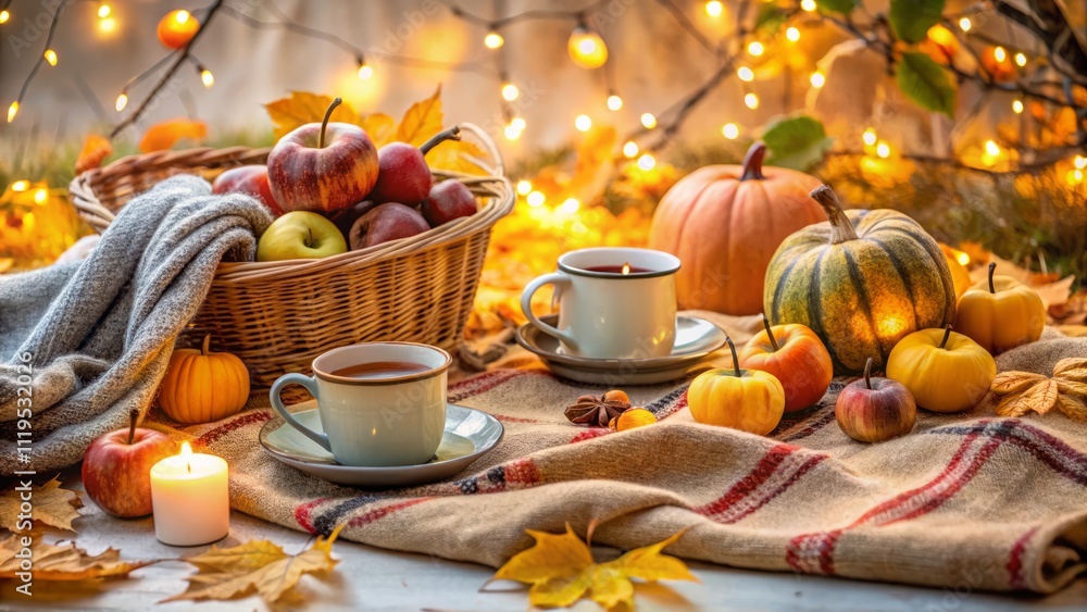 Cozy Autumn Picnic Arrangement with Warm Drinks, Seasonal Fruits, and Soft Textiles on a White Background for a Serene Fall Vibe Cozy Autumn Picnic Arrangement with Warm Drinks, Seasonal Fruits, and Soft Textiles on a White Background for a Serene Fall Vibe